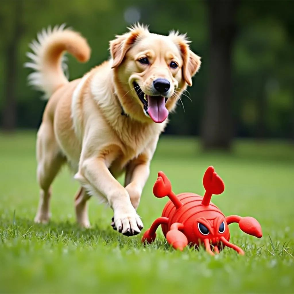 Dog playing with lobster roll dog toy in a park