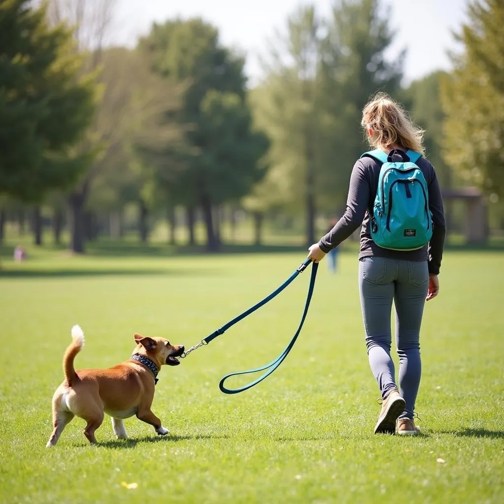 Long dog leash for walking in a park