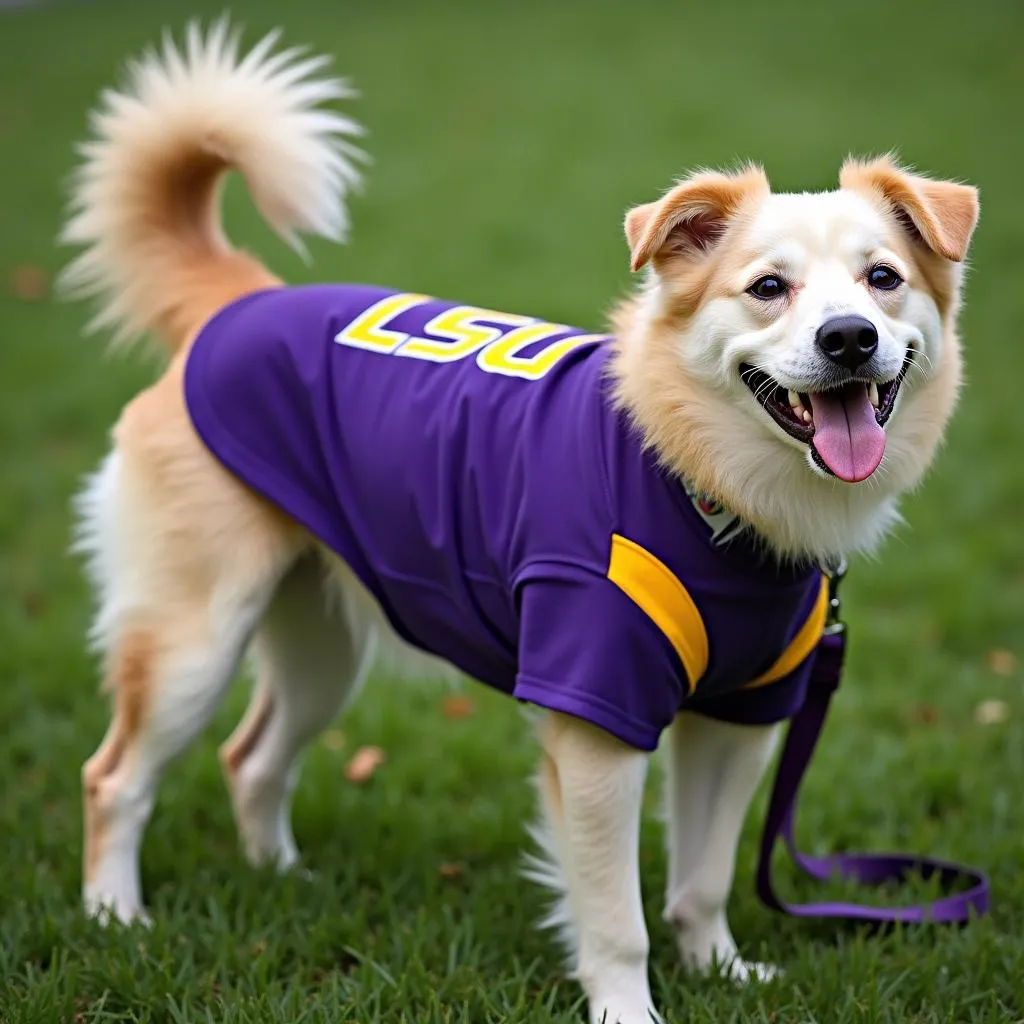 Dog Wearing an LSU Dog Shirt