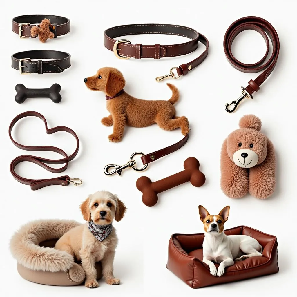 A selection of luxurious dog accessories that reflect the luxurious lifestyle for dogs