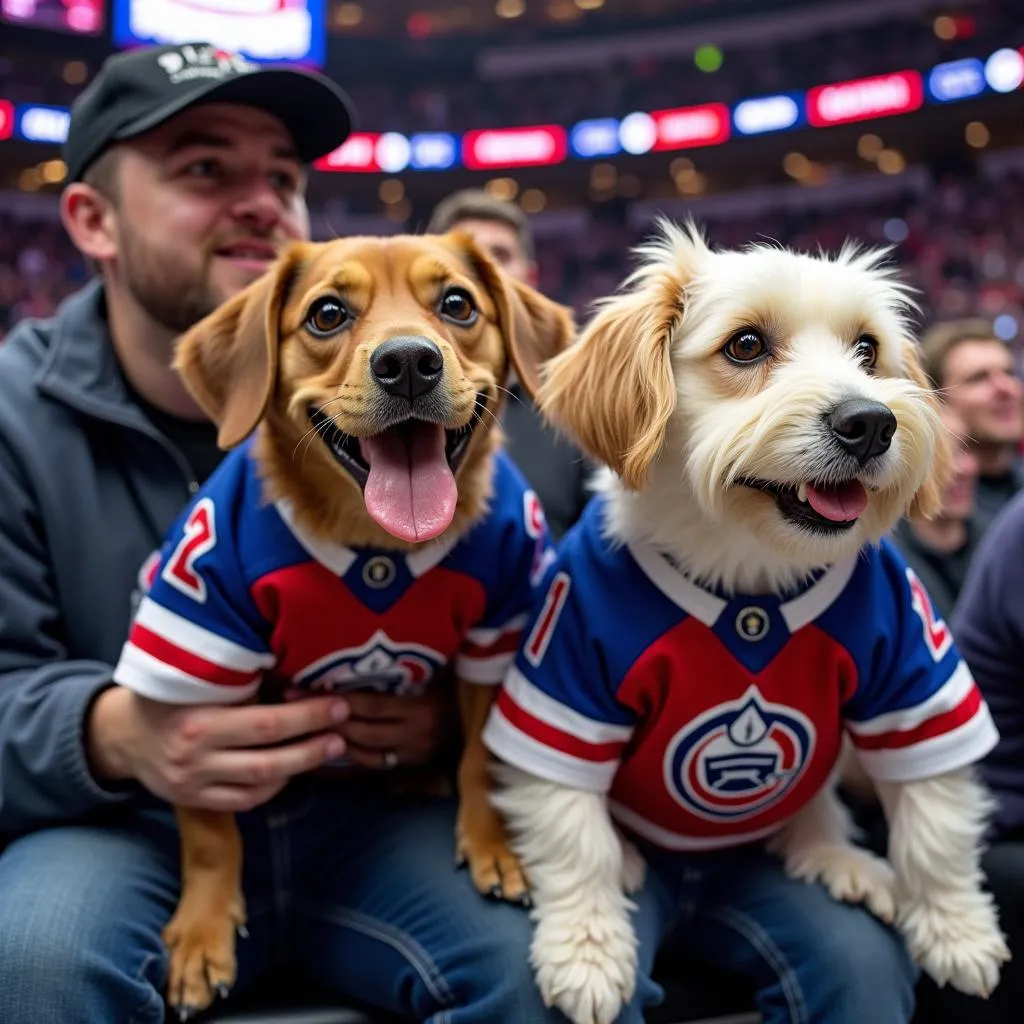 Dog and owner at a hockey game