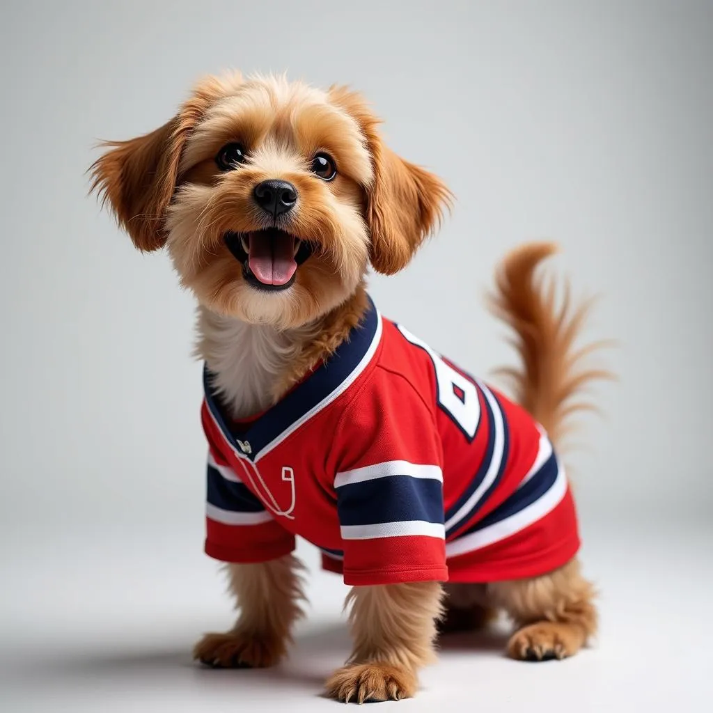 Dog wearing a hockey jersey