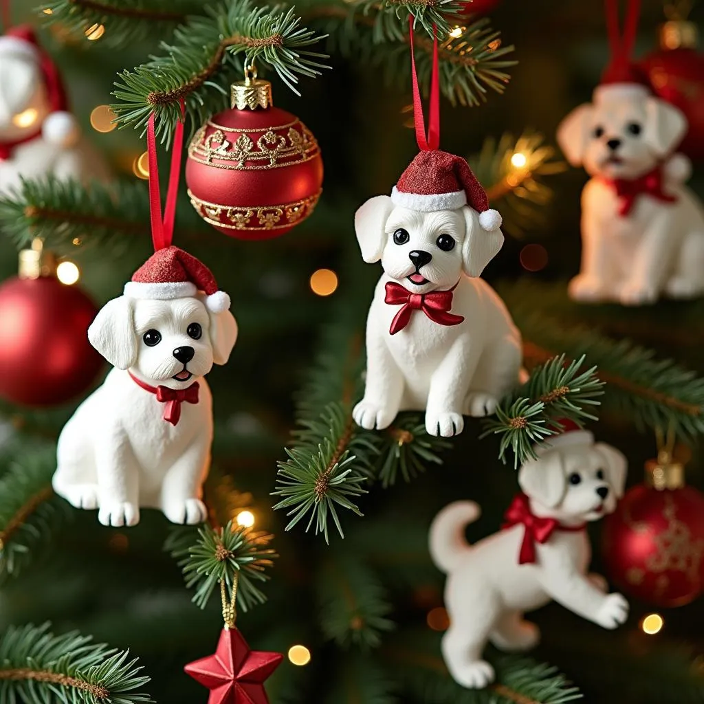 Maltese Dog Christmas Ornaments adorning a Christmas Tree