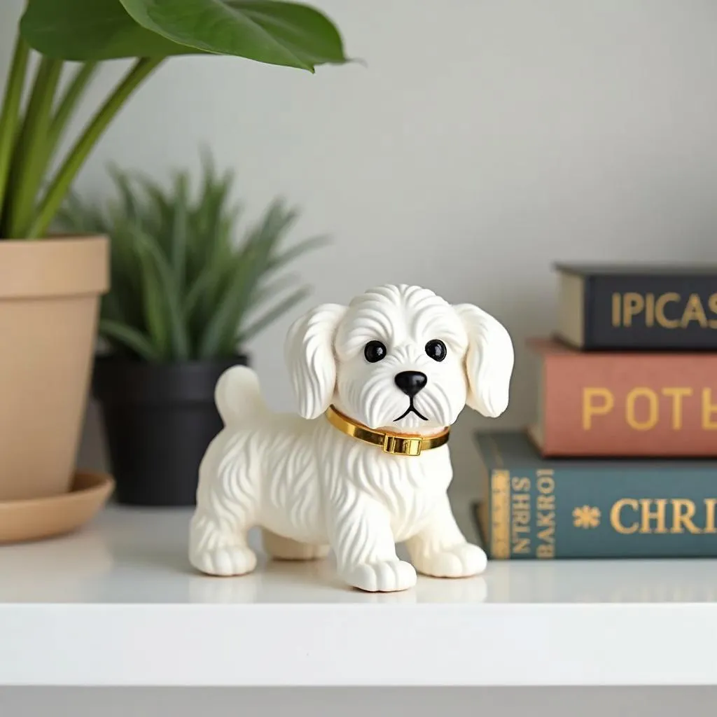 Maltese dog ornament on a shelf