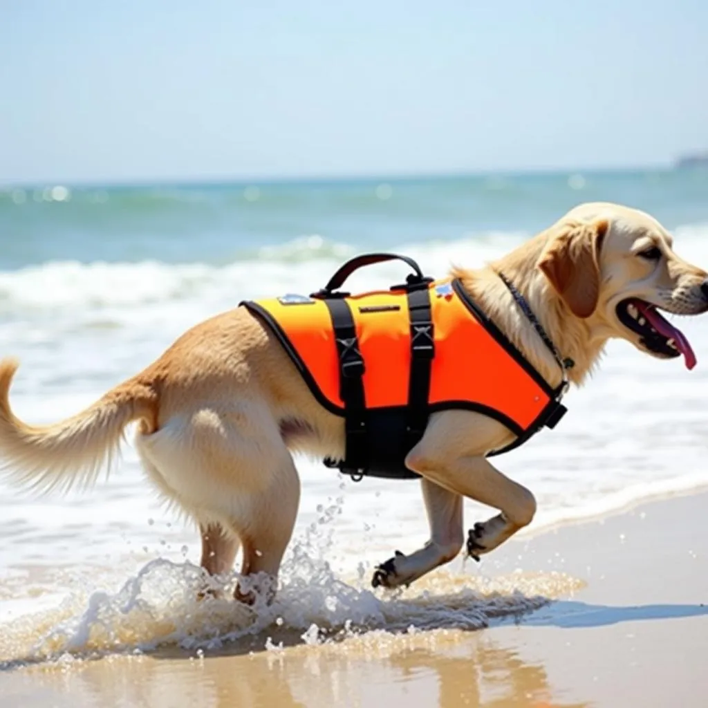 Dog playing on the beach wearing a marine harness