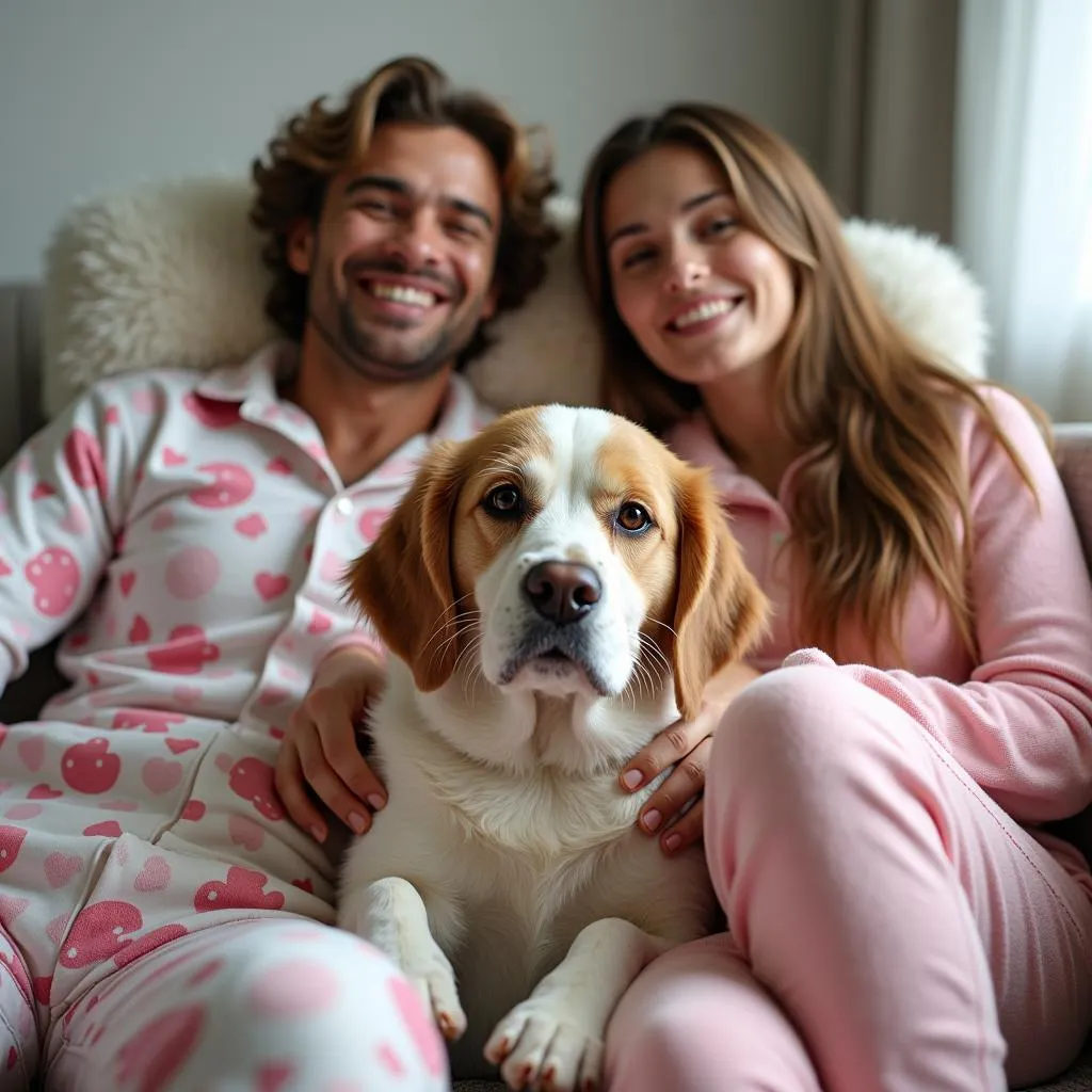 Couple wearing matching pajamas on a couch with their dog