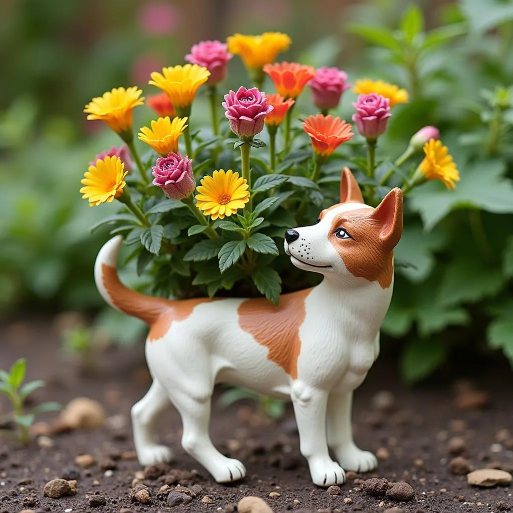 McCoy dog planter in a garden setting