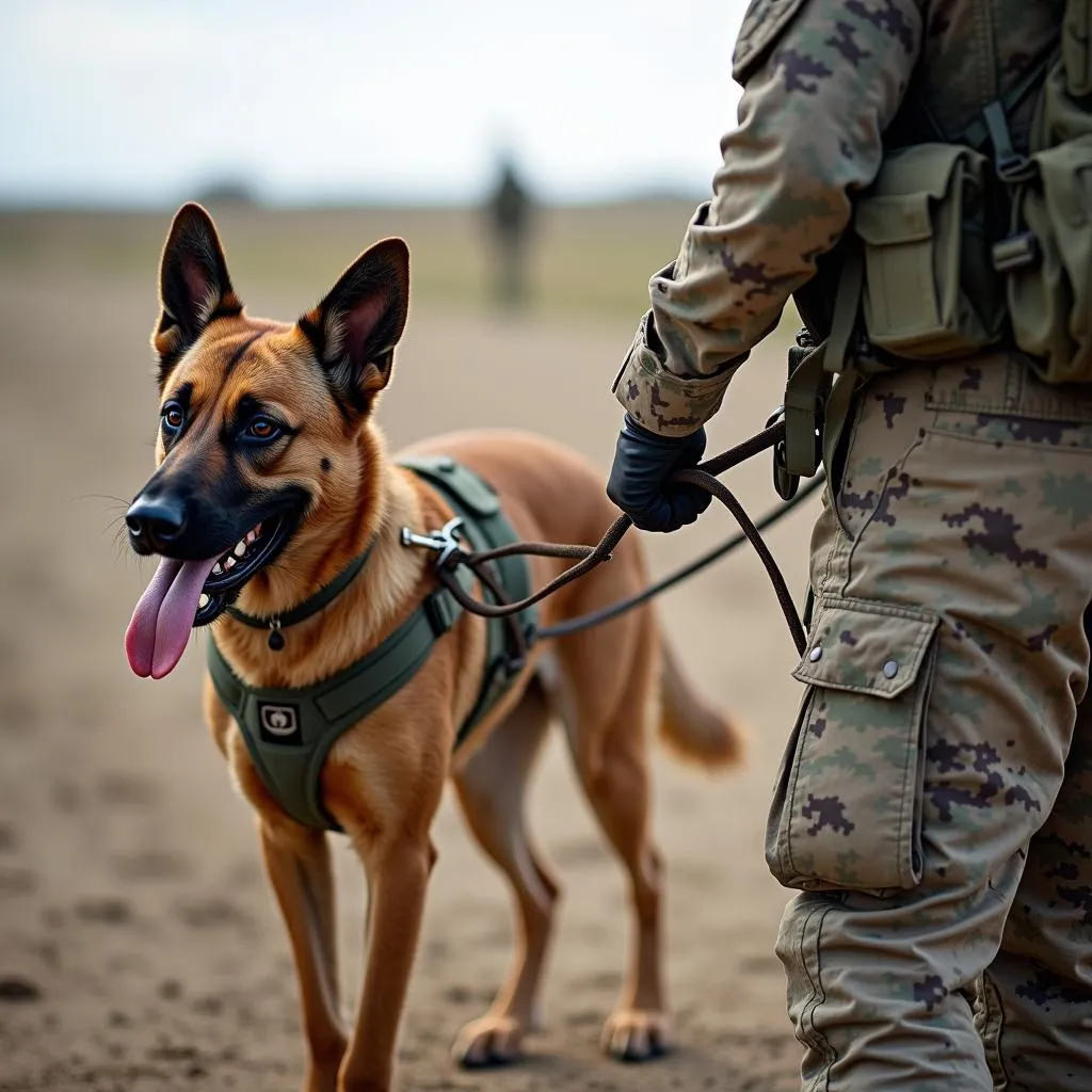 A brave military working dog assisting in a rescue operation while secured with a strong leash.