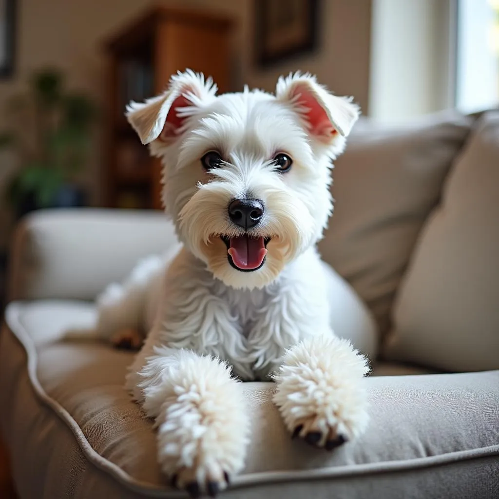 White Miniature Schnauzer Dog Sitting on Couch