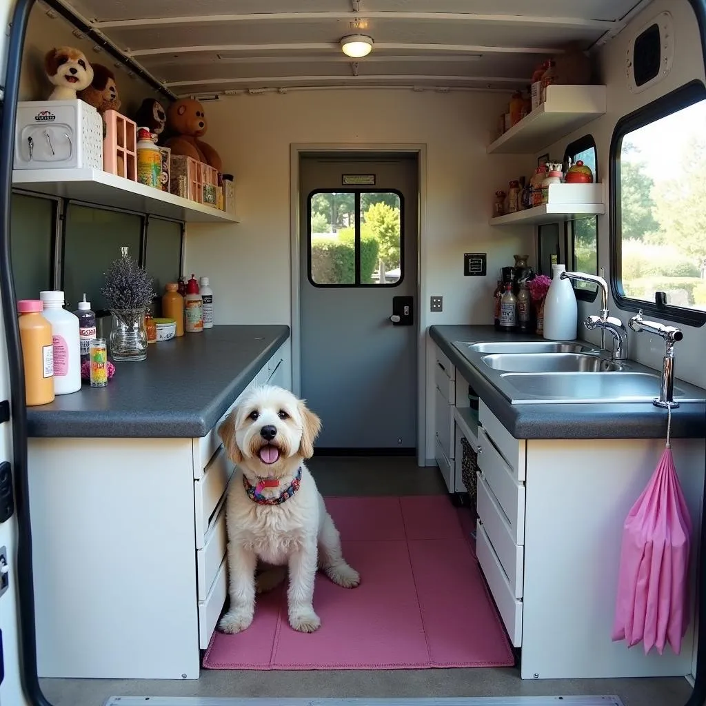 Mobile dog grooming van fully equipped with all the necessary tools