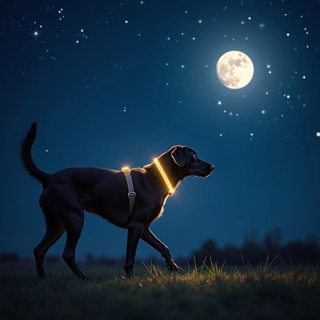 Dog walking at night with a moon and stars dog collar