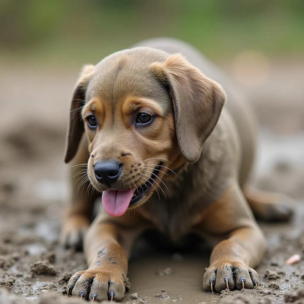 A dog enjoying a mud bath in a natural setting, showcasing the cleansing and deodorizing properties of mud