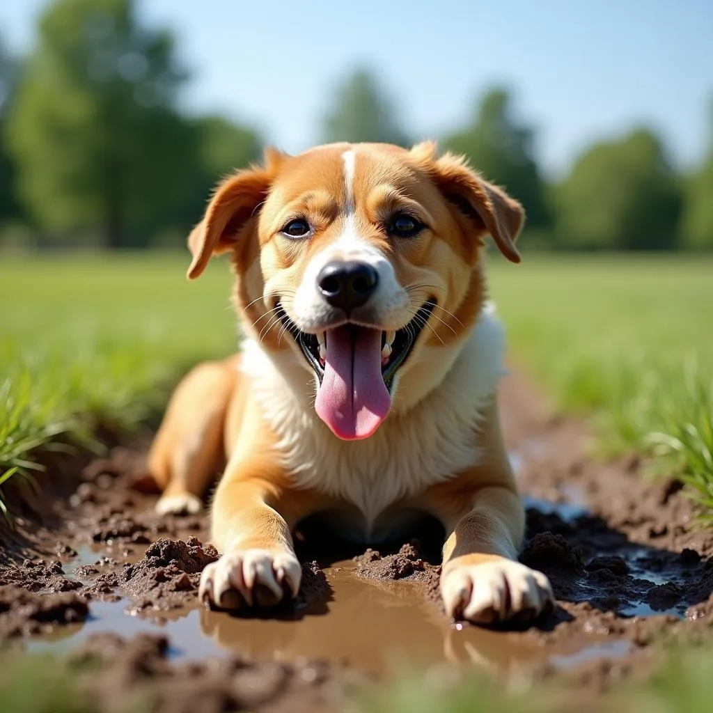 Dog enjoying a mud bath