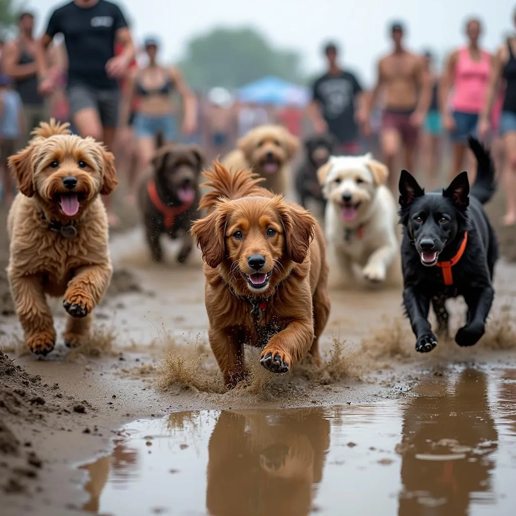 Dogs playing in the mud