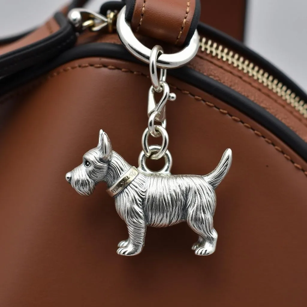 Munro Scottie Dog Bag Charm Hanging on a Handbag