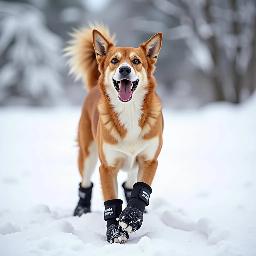 Dog wearing musher dog booties in the snow