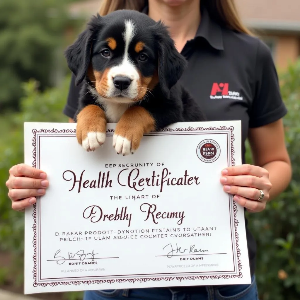 Bernese Mountain Dog breeder in New York showing health certificate for a puppy