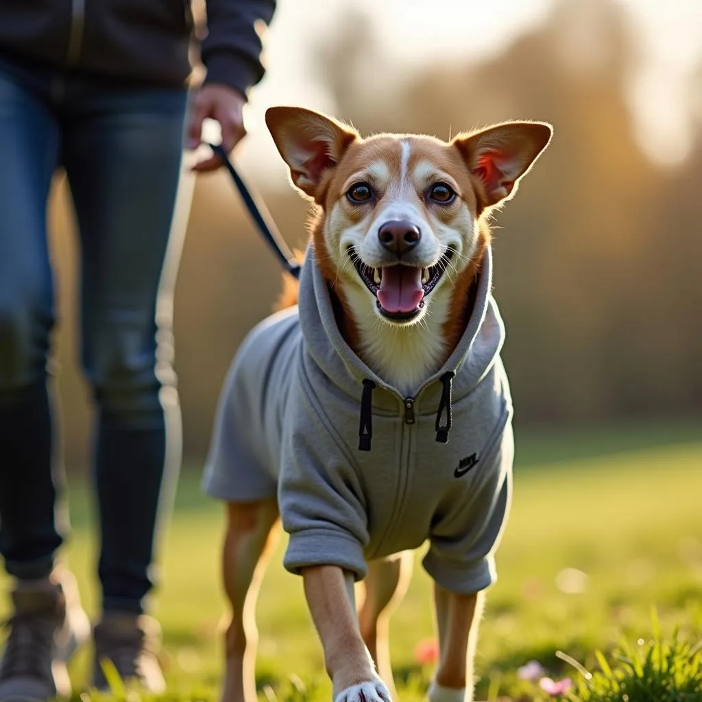 Dog wearing a Nike hoodie on a walk in the park