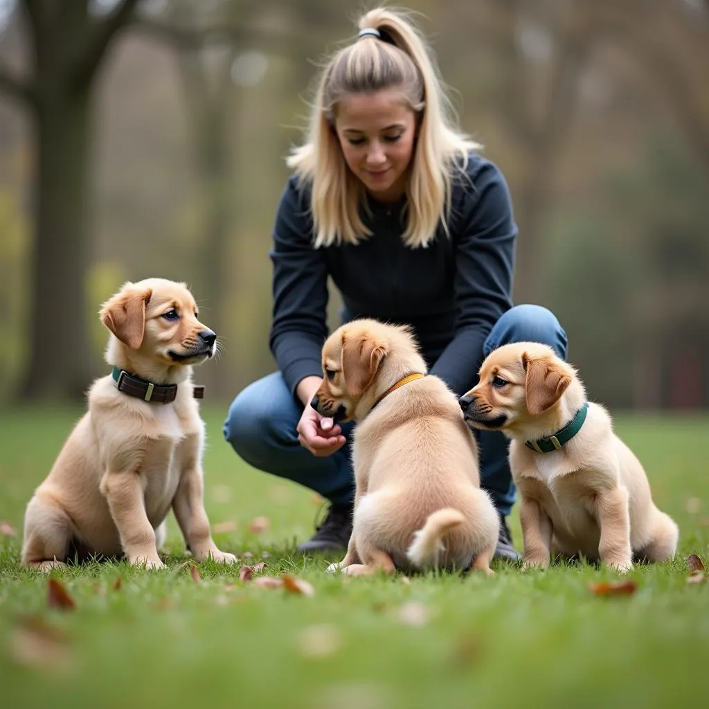 A dog trainer working with a group of puppies on basic obedience commands.