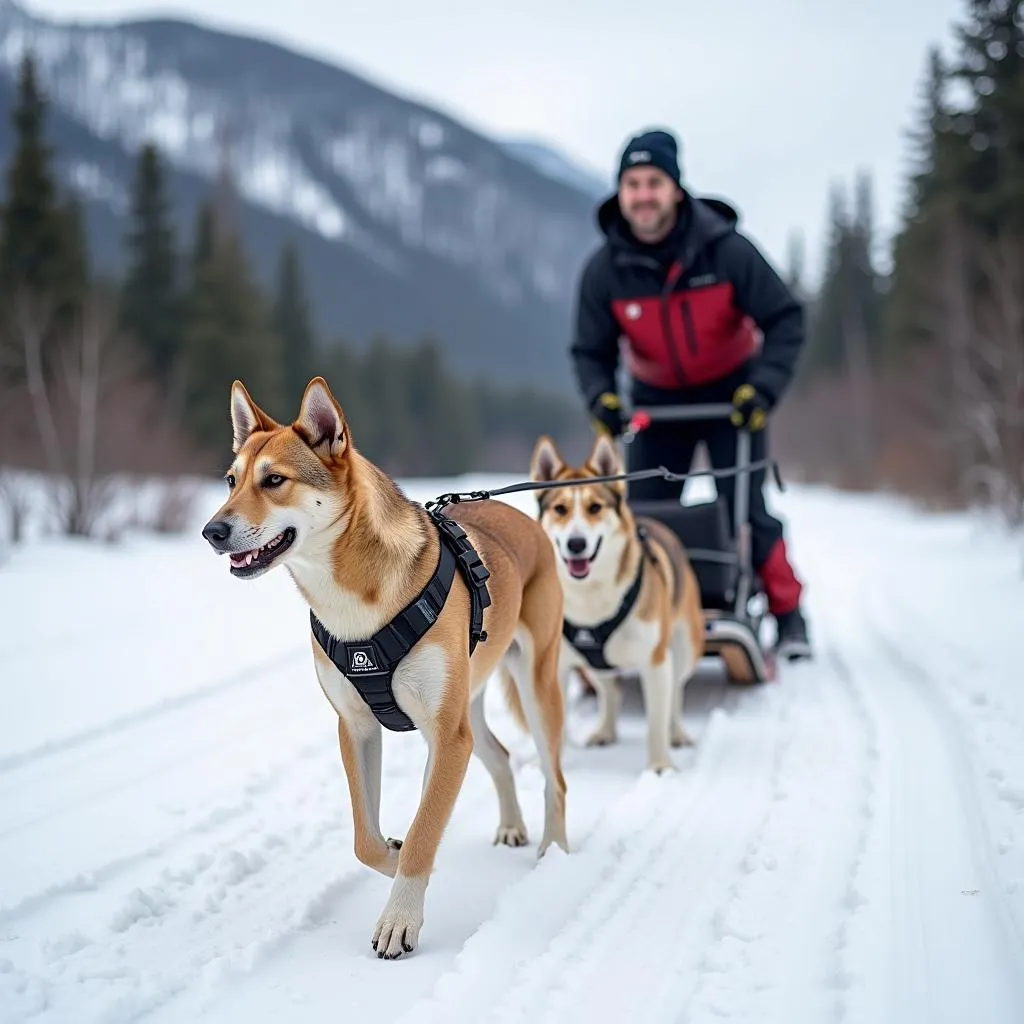 One dog sled training with owner in the snow