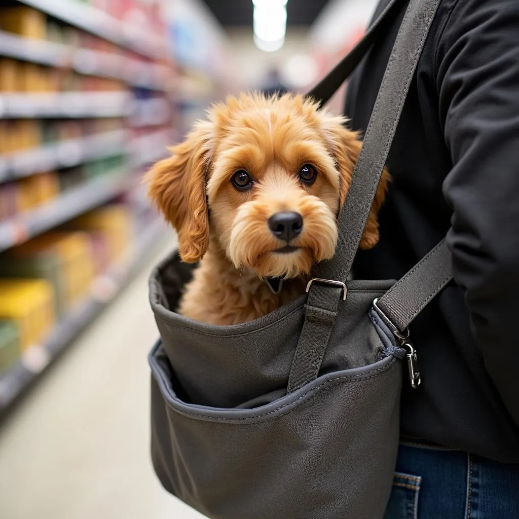 A person carrying a small dog in an over-the-shoulder carrier while shopping at a pet store