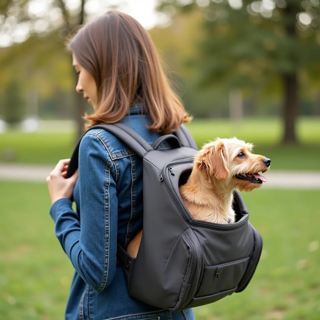 A small dog happily sitting in an over-the-shoulder dog carrier while its owner walks through the park