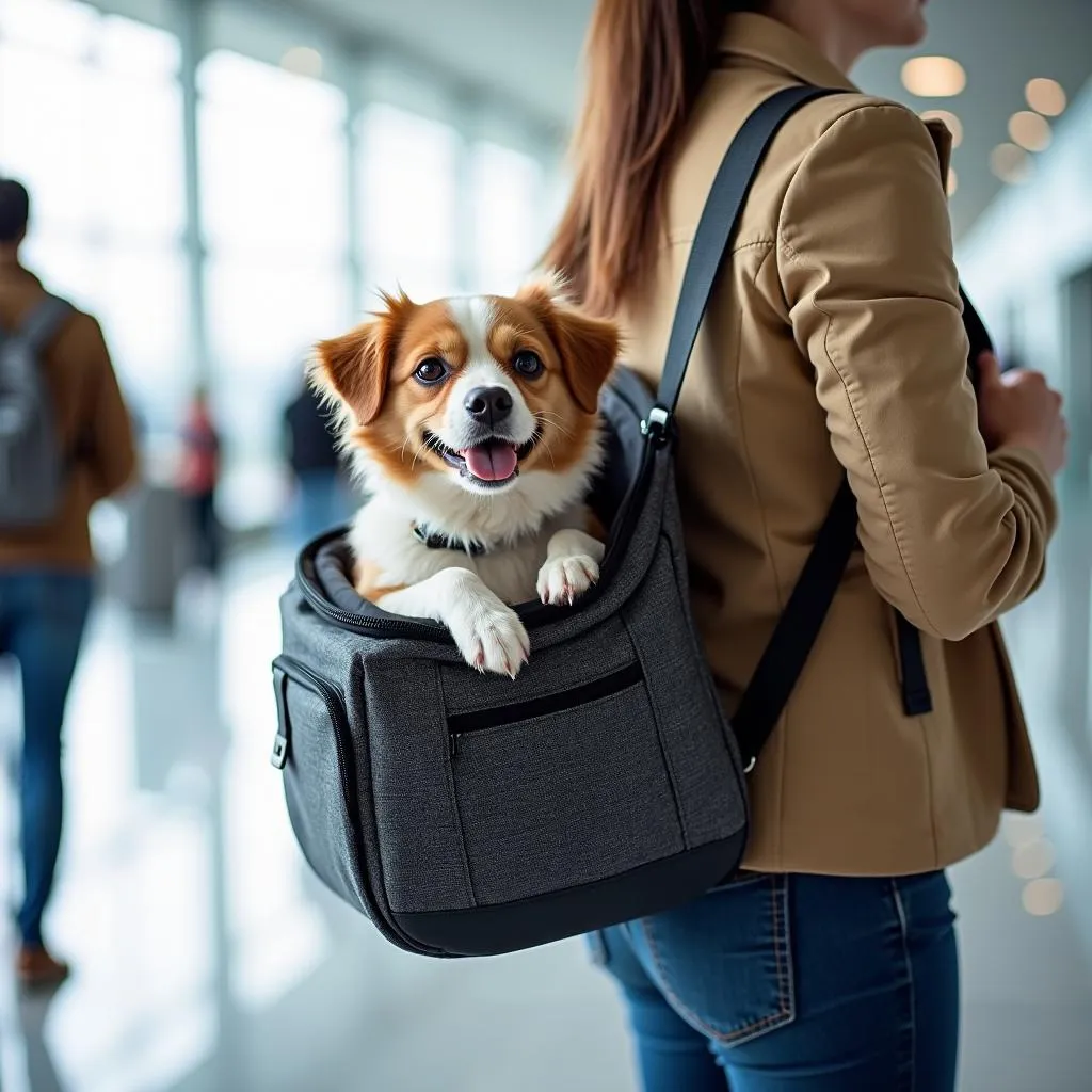 Traveling with your dog in an over-the-shoulder dog carrier at the airport