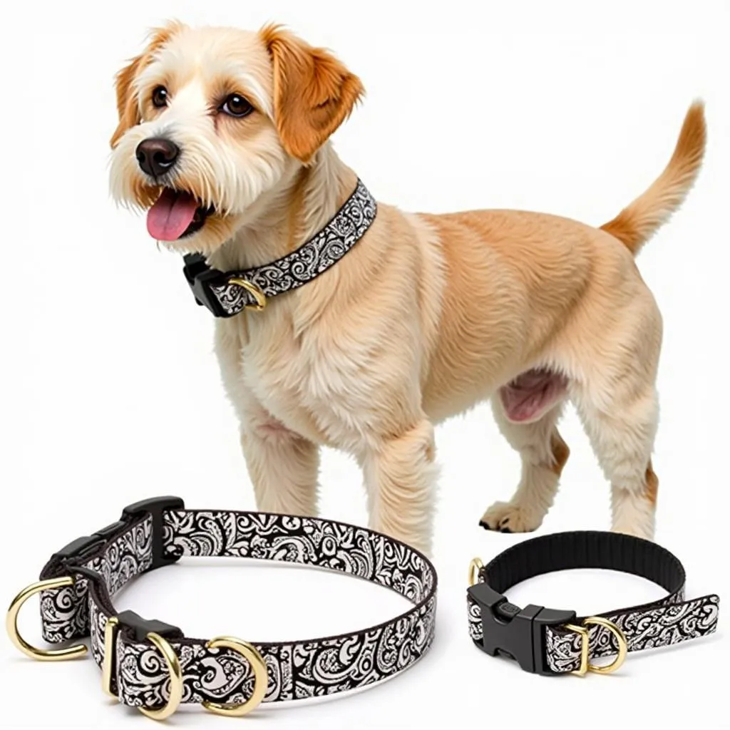 Medium-sized dog wearing a paisley dog collar