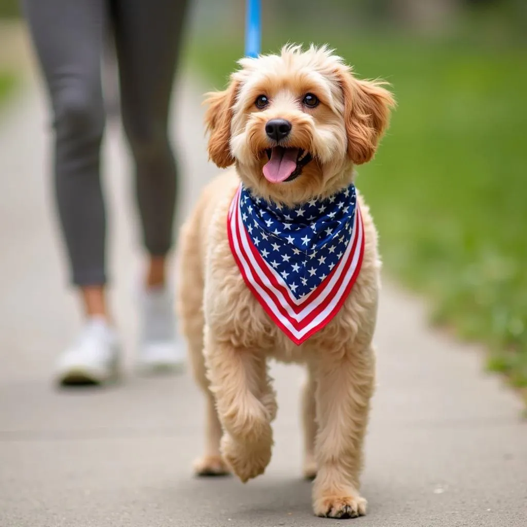 Dog Wearing Patriotic Bandana on a Walk