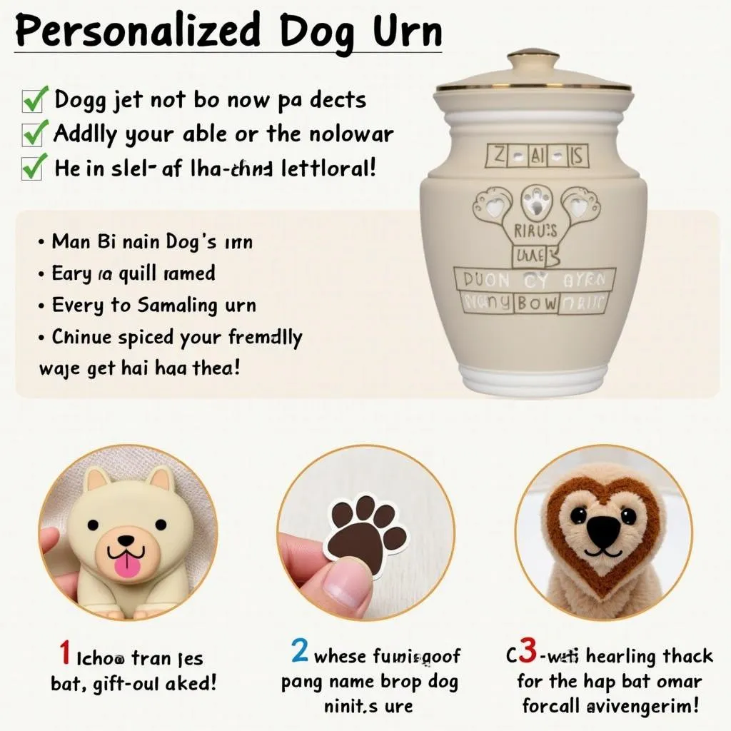 Various personalized dog urn options, including engraved names, paw prints, and unique designs