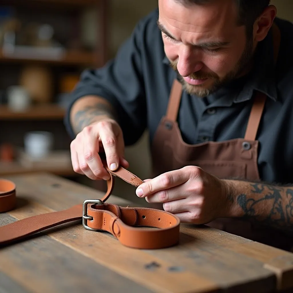 A craftsman working on a personalized leather dog collar with specialized tools and materials