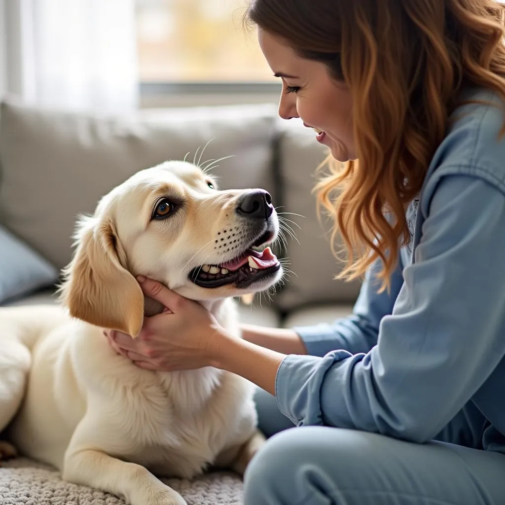 A pet owner interacting with their dog in a safe and responsible manner