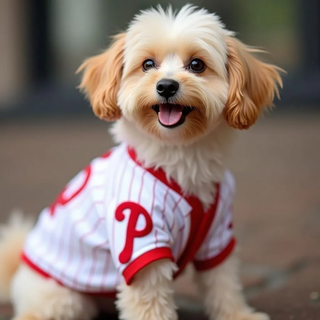 Dog wearing a Phillies jersey