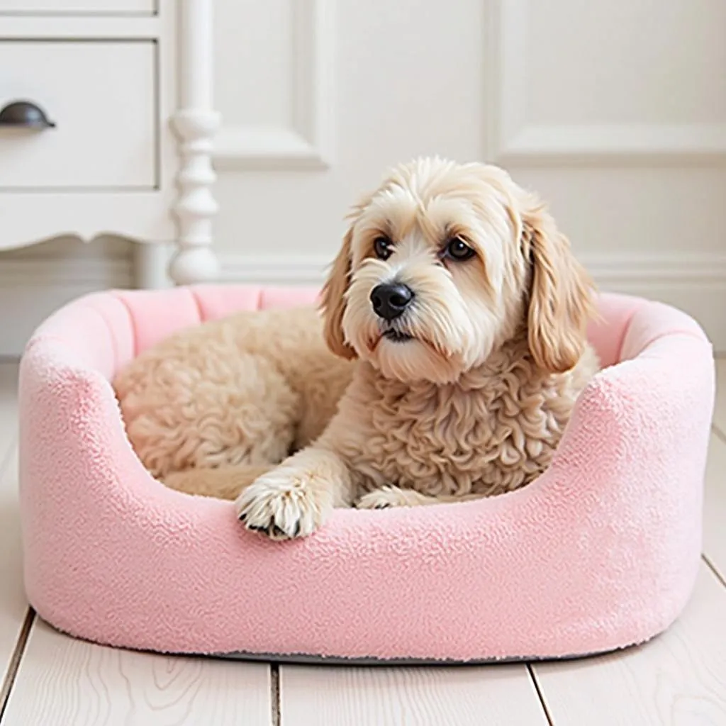 Pink dog bed with soft plush material for comfortable sleeping