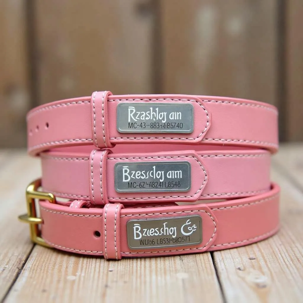 Personalized Pink Leather Dog Collars with Name Tags