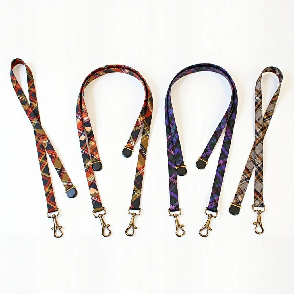 A variety of plaid dog leashes with different colors and patterns