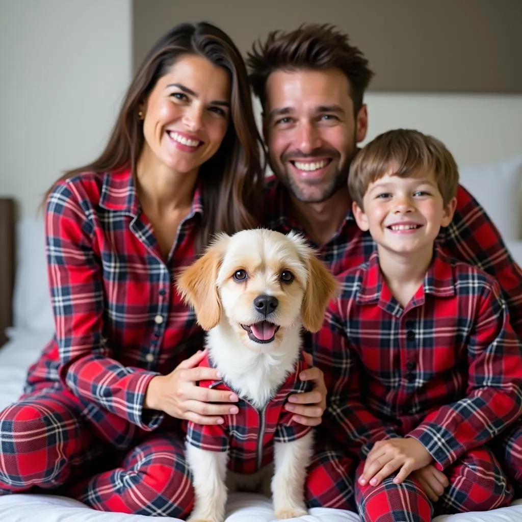 Adorable family in matching plaid pajamas for Christmas