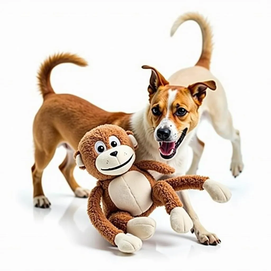 Dog playing with a plush monkey dog toy