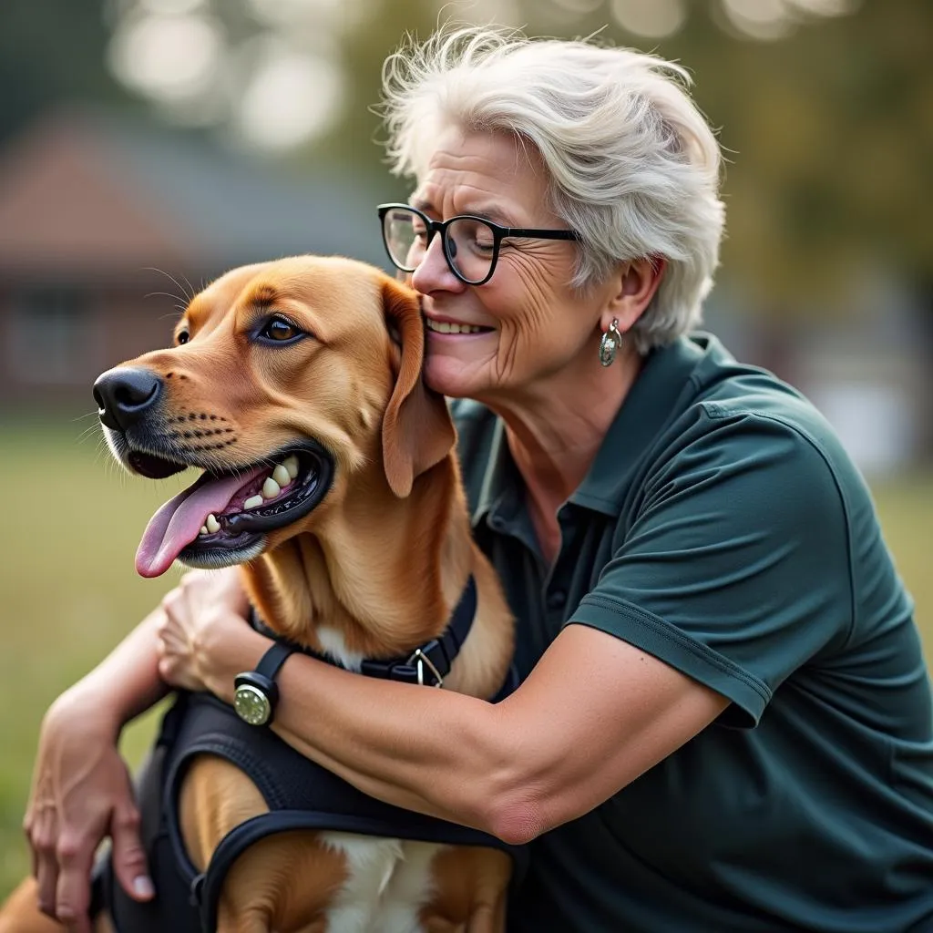 A heartwarming image of a person with POTS hugging their service dog