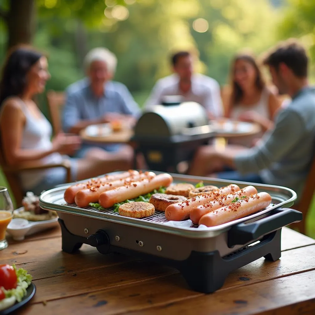 Propane hot dog steamer in use at a backyard barbecue