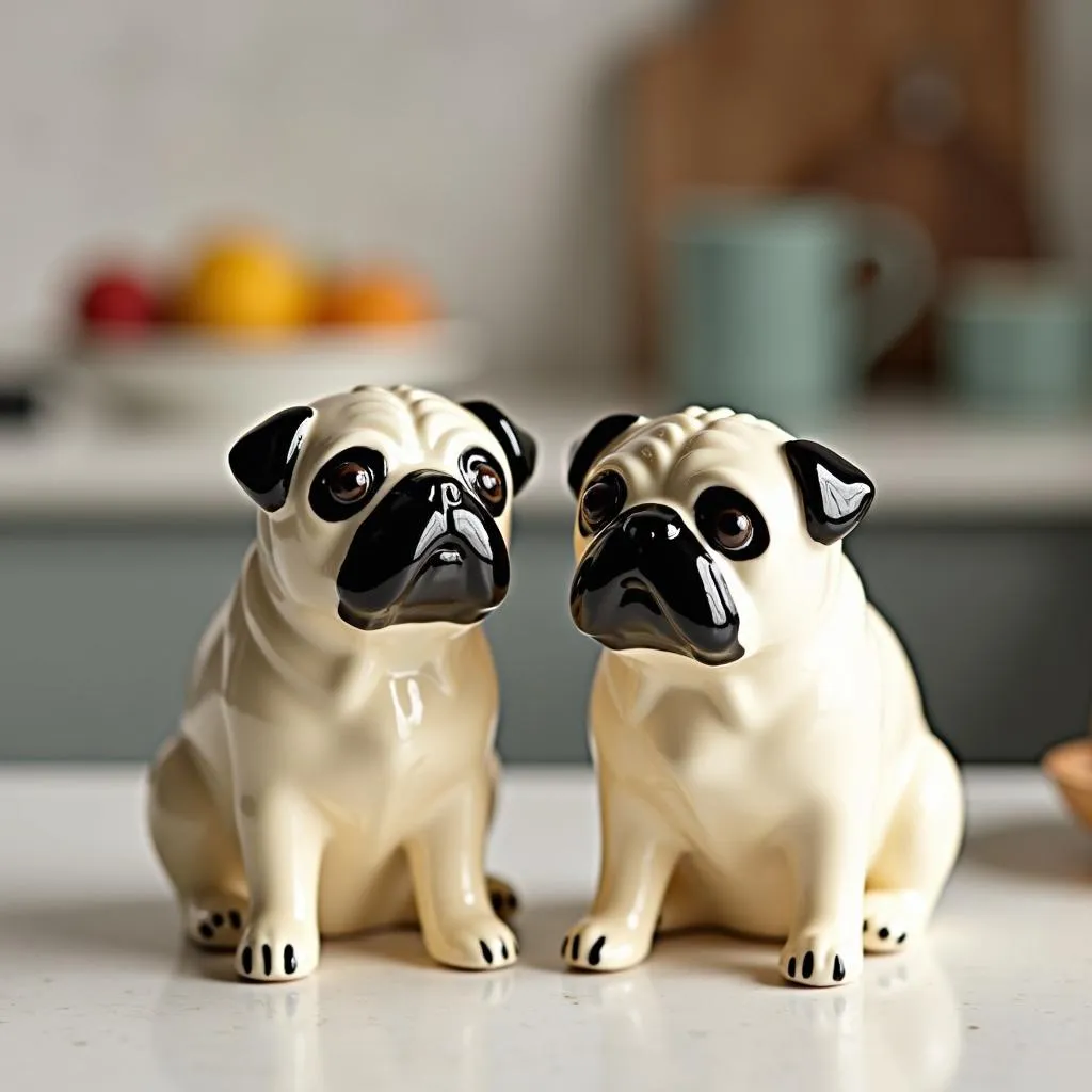 Pug dog salt and pepper shakers sitting on a table