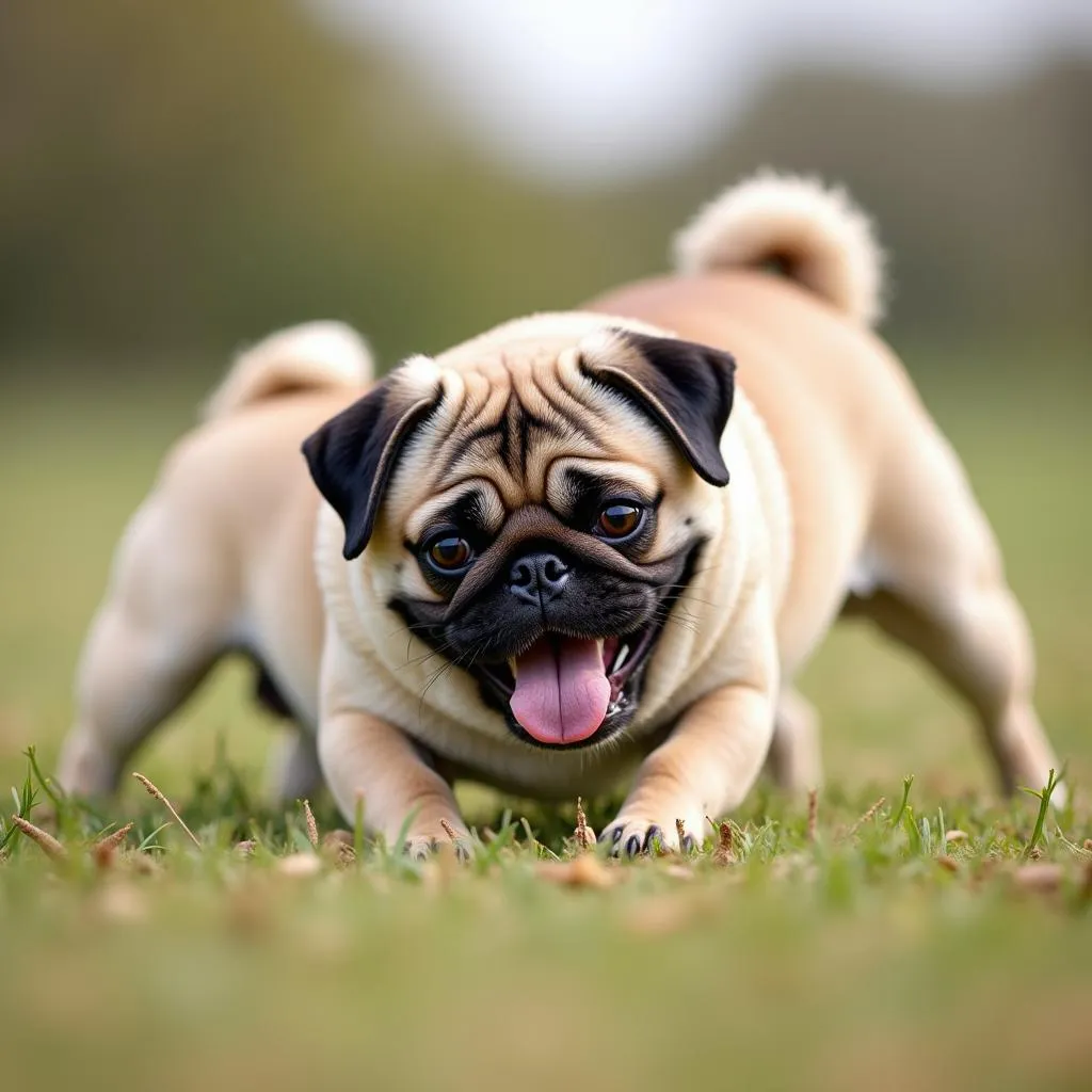 A pug dog playing fetch with a child in a park, both smiling. This image represents the playful and affectionate nature of pug dogs, making them great family companions.