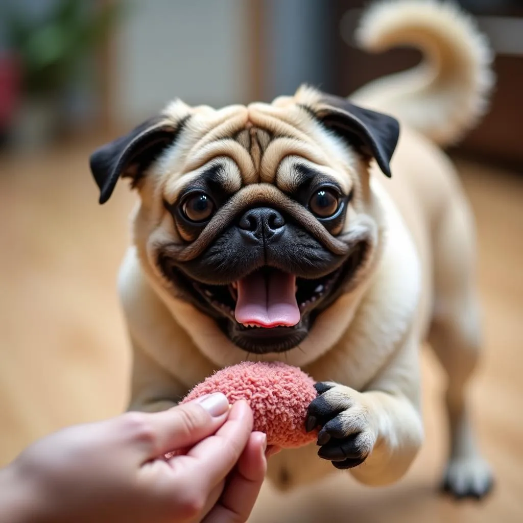 Pug dog teddy playing with a toy