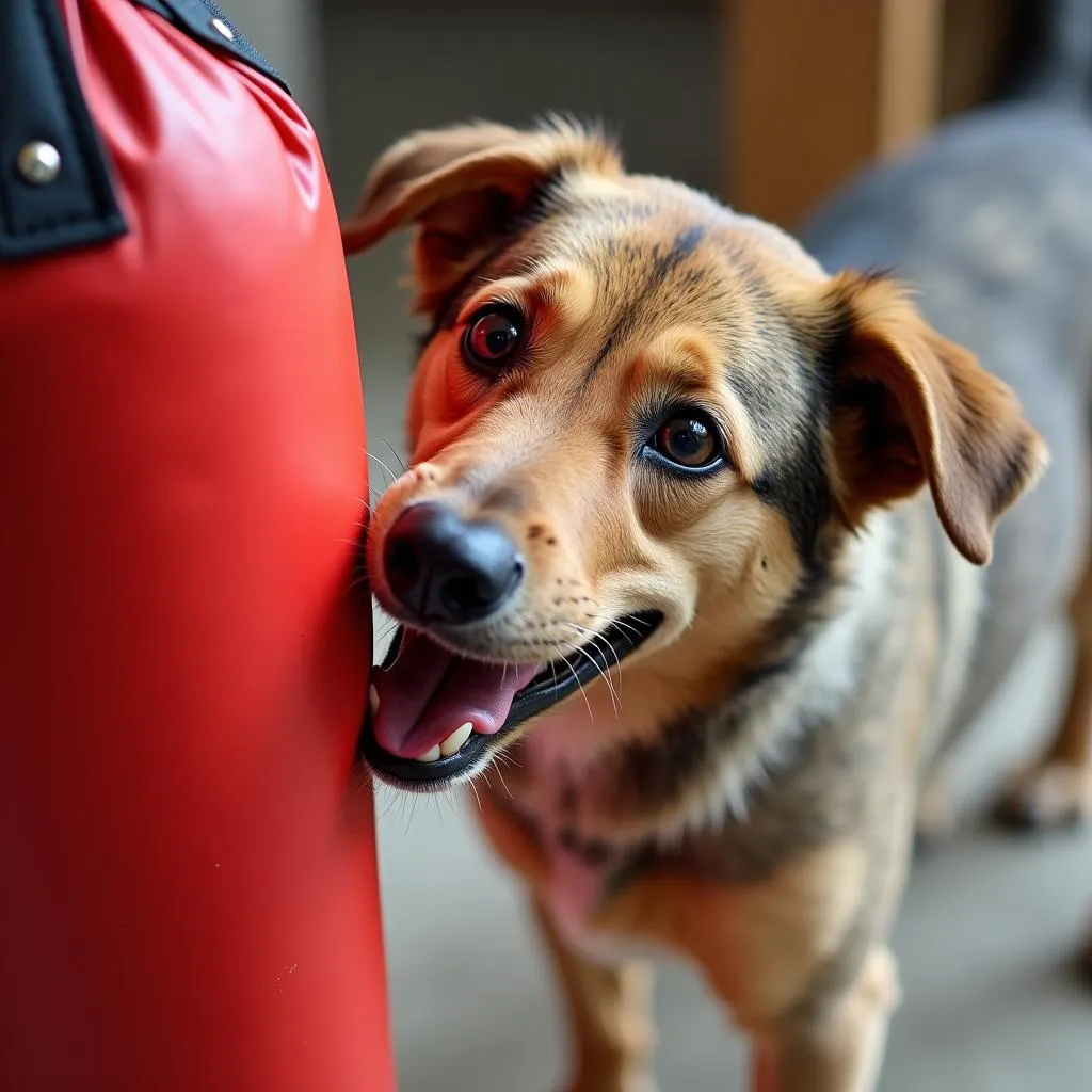 Dog playing with a punching bag