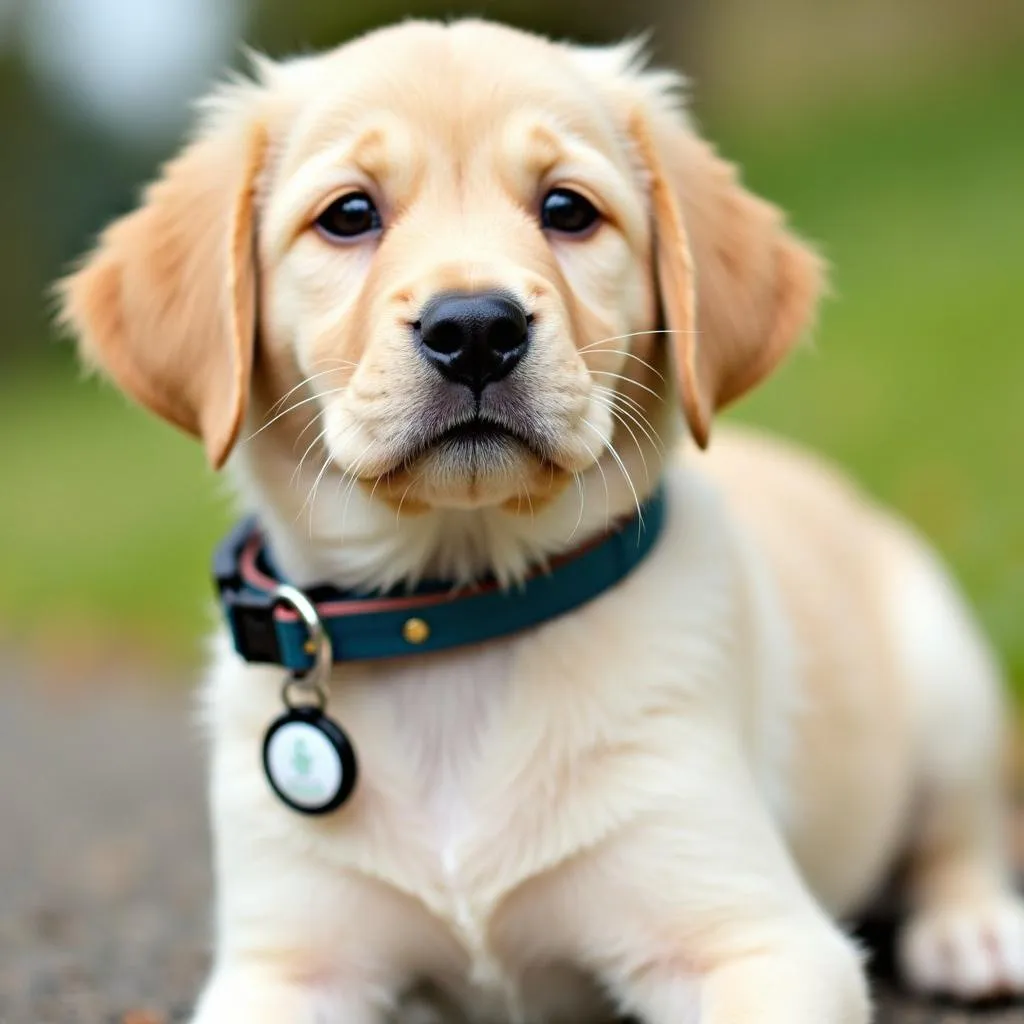 Puppy wearing a collar with an identification tag