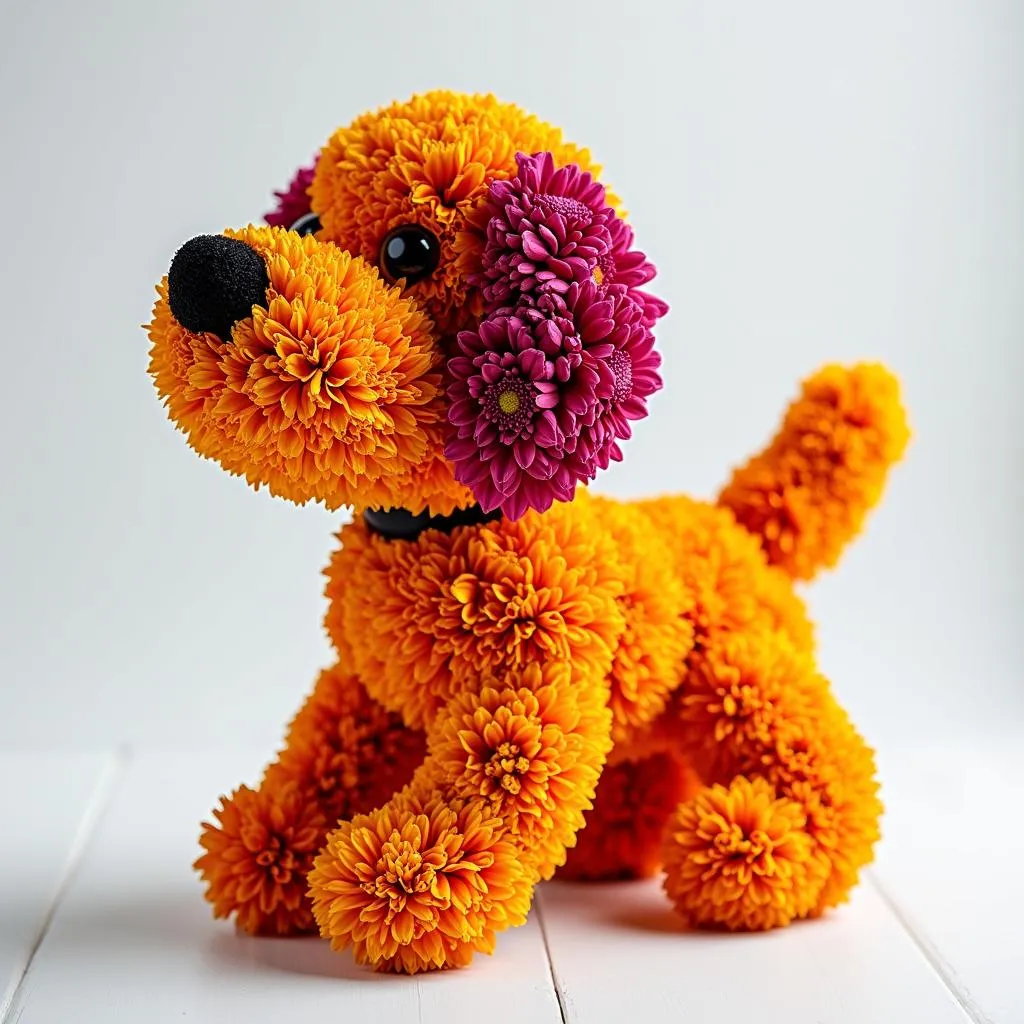 A colorful puppy dog flower arrangement with flowers in various bright colors