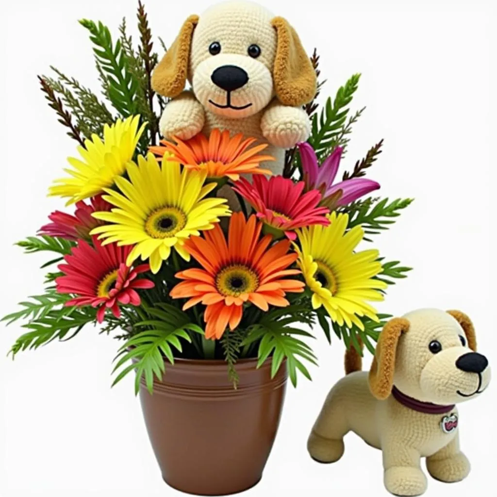 A puppy dog flower arrangement with a dog toy placed next to it