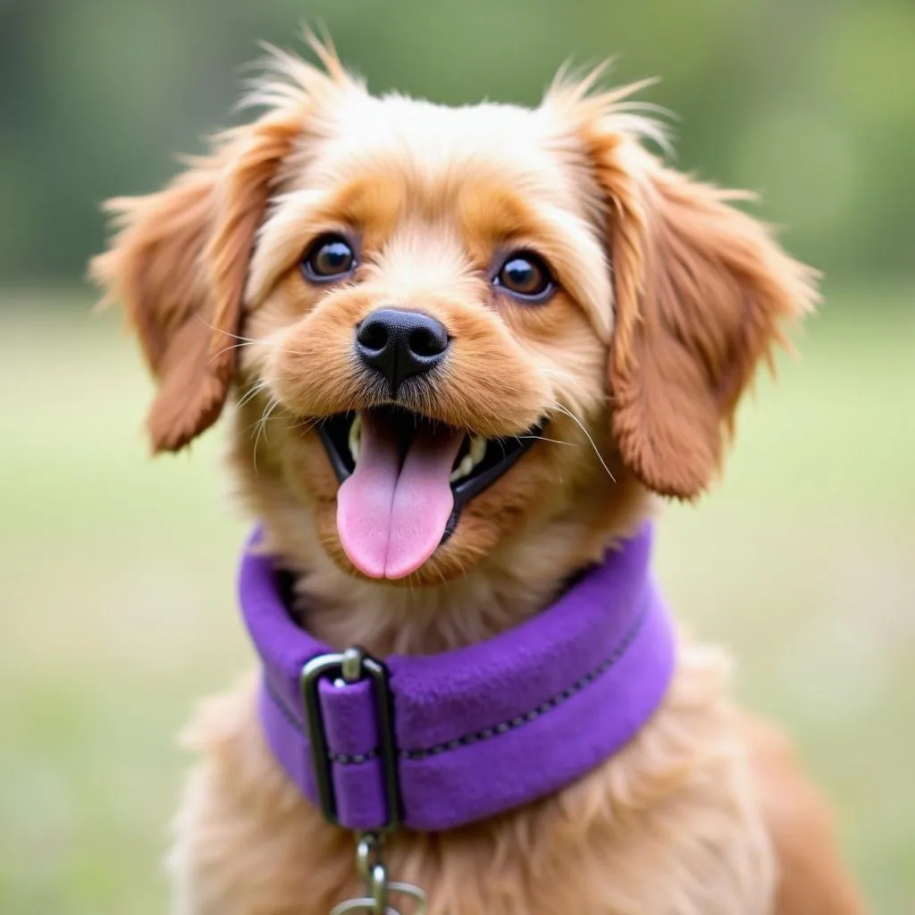 A cute dog wearing a purple dog collar