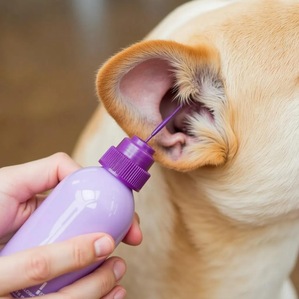 Dog ear cleaning with purple ear wash