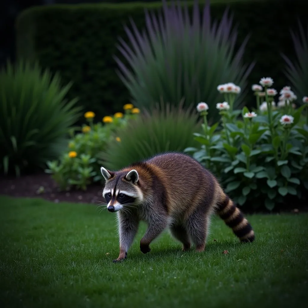 Raccoon Exploring a Backyard at Night